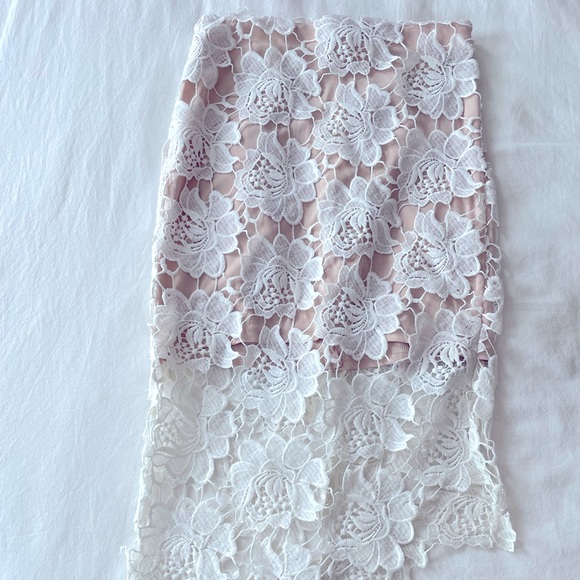 Rumor Boutique A-symmetrical nude mini skirt with eyelet overlay. Size Small - Picture 2 of 4